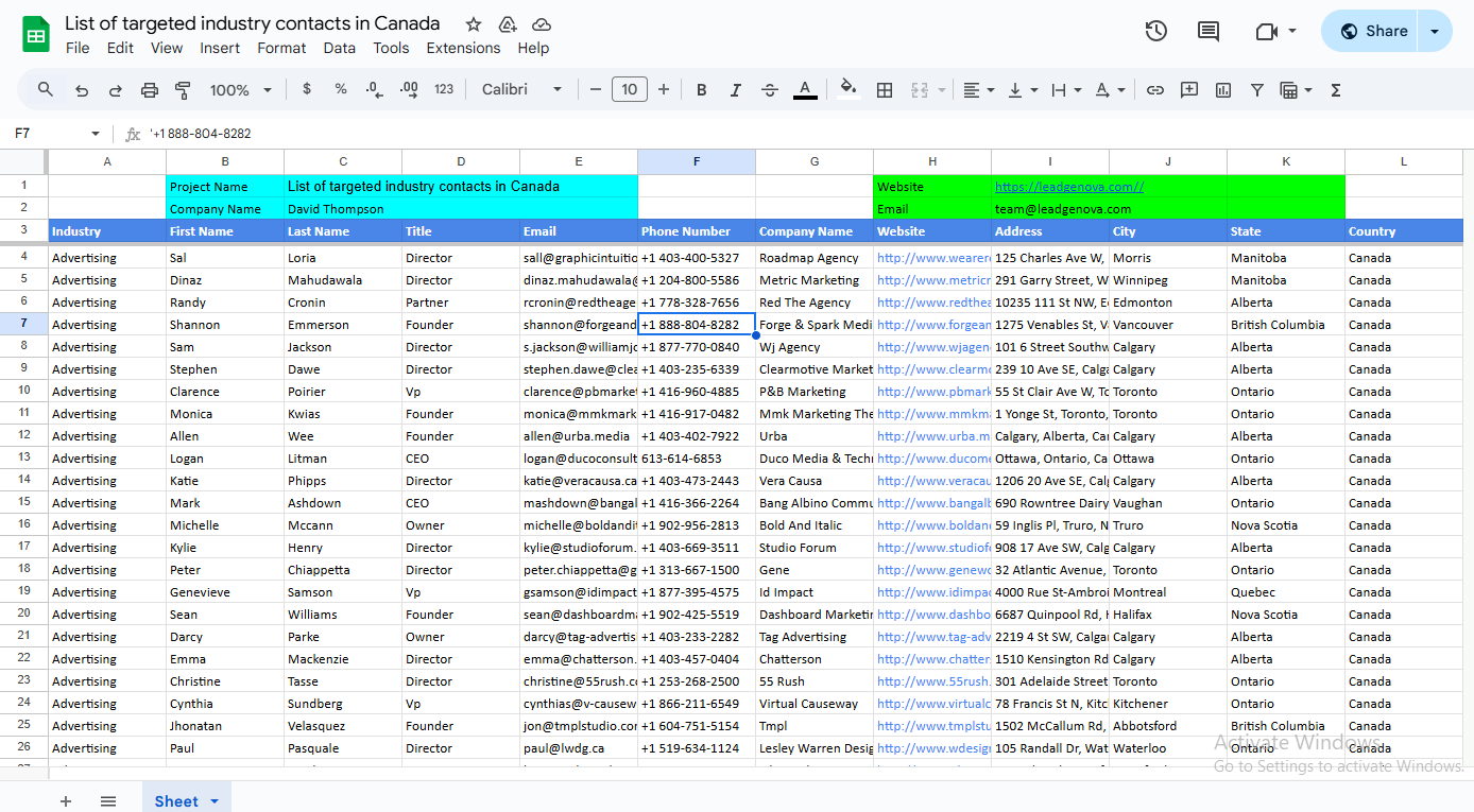 List of targeted industry contacts in Canada