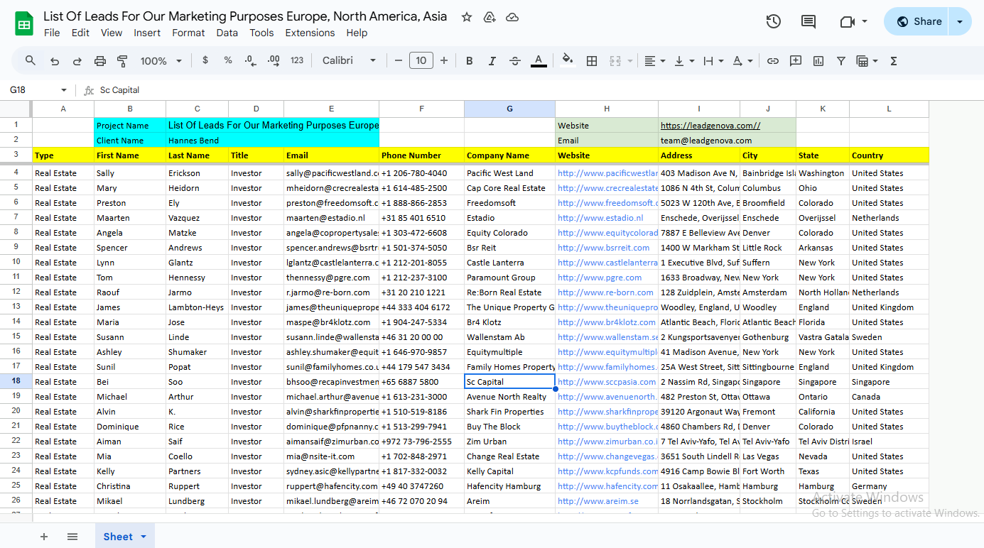Global Investor Contact List – Europe, North America & Asia
