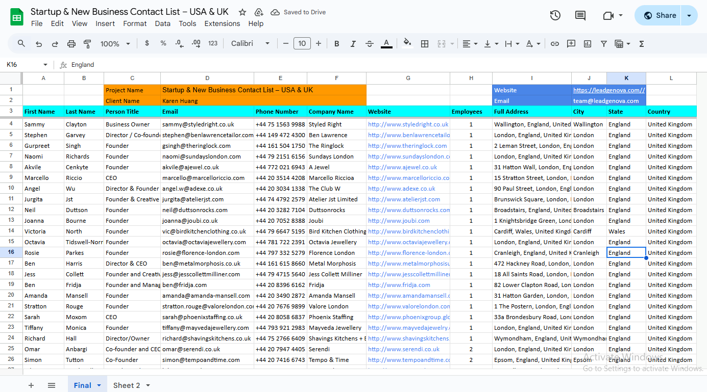Startup & New Business Contact List – USA & UK